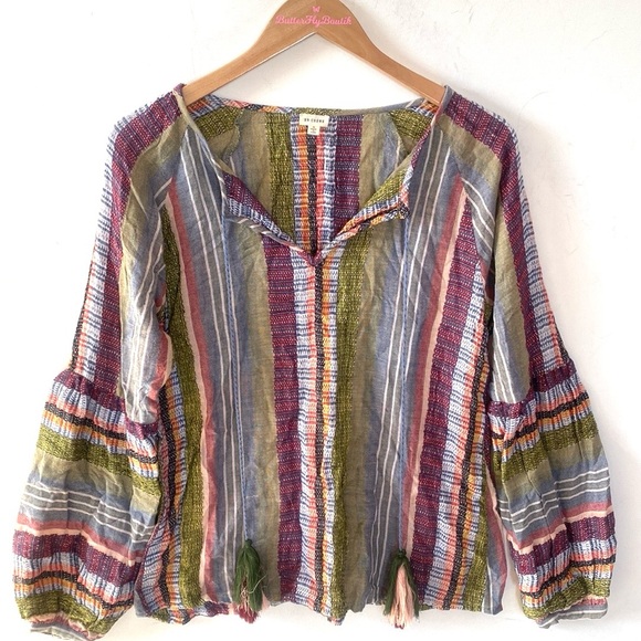 (BN49) En Crème Multi Color Peasant Blouse W/Tassel Ties, Size Small - Picture 2 of 8